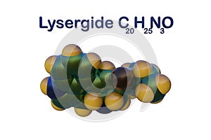 Structural chemical formula and space-filling molecular model of lysergide LSD, a semi-synthetic potent hallucinogen