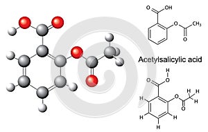 Structural chemical formulas and model of acetylsalicylic acid