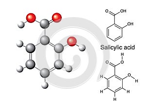 Structural chemical formulas and model of salicylic acid