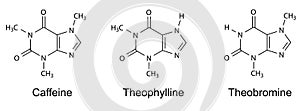 Structural chemical formulas of purine alkaloids (caffeine, theophylline, theobromine)