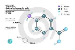 Structural chemical molecular formula and model of 4-Aminobenzoic acid. Atoms are represented as spheres with color coding