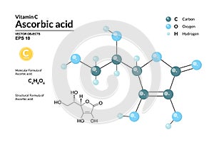 Structural chemical molecular formula and model of Ascorbic acid. Atoms are represented as spheres with color coding