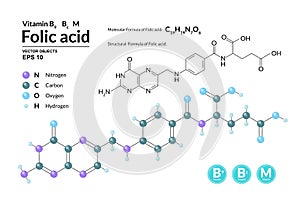 Structural chemical molecular formula and model of Folic acid. Atoms are represented as spheres with color coding