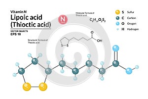 Structural chemical molecular formula and model of Lipoic acid. Atoms are represented as spheres with color coding isolated