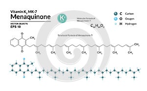 Structural chemical molecular formula and model of Menaquinone-7. Atoms are represented as spheres with color coding