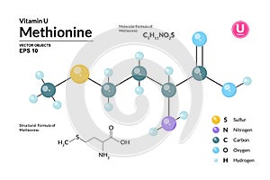 Structural chemical molecular formula and model of Methionine. Atoms are represented as spheres with color coding isolated