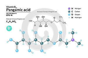 Structural chemical molecular formula and model of Pangamic acid. Atoms are represented as spheres with color coding