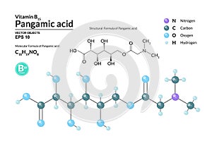 Structural chemical molecular formula and model of Pangamic acid. Atoms are represented as spheres with color coding photo