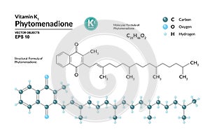 Structural chemical molecular formula and model of Phytomenadione. Atoms are represented as spheres with color coding photo