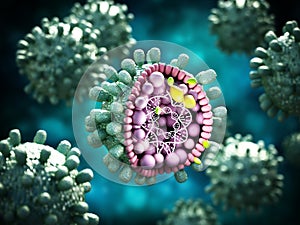Structural detail of Hepatitis B virus on blue-green background. 3D illustration