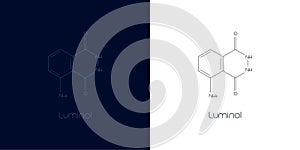 Structural formula of luminol on dark blue and white backgrounds.