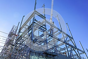 Structural steel framework for new building.