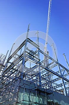 Structural steel framework for new building.