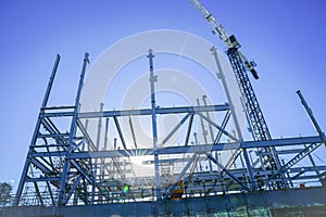 Structural steel framework for new building.