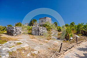 Structure 45, offertories on the hill near the beach, Mayan Ruins in Tulum, Riviera Maya, Yucatan, Caribbean Sea, Mexico