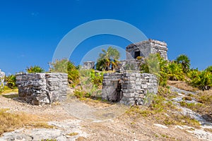 Structure 45, offertories on the hill near the beach, Mayan Ruins in Tulum, Riviera Maya, Yucatan, Caribbean Sea, Mexico