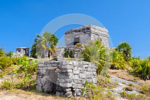 Structure 45, offertories on the hill near the beach, Mayan Ruins in Tulum, Riviera Maya, Yucatan, Caribbean Sea, Mexico