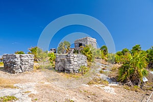 Structure 45, offertories on the hill near the beach, Mayan Ruins in Tulum, Riviera Maya, Yucatan, Caribbean Sea, Mexico