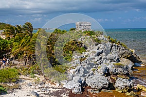 Structure 45, offertories on the hill near the beach, Mayan Ruins in Tulum, Riviera Maya, Yucatan, Caribbean Sea, Mexico