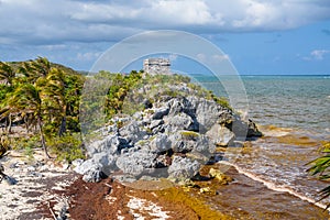 Structure 45, offertories on the hill near the beach, Mayan Ruins in Tulum, Riviera Maya, Yucatan, Caribbean Sea, Mexico