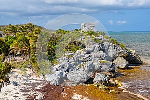 Structure 45, offertories on the hill near the beach, Mayan Ruins in Tulum, Riviera Maya, Yucatan, Caribbean Sea, Mexico