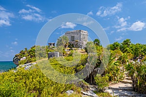 Structure 45, offertories on the hill near the beach, Mayan Ruins in Tulum, Riviera Maya, Yucatan, Caribbean Sea, Mexico