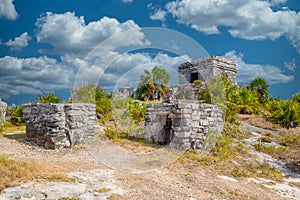 Structure 45, offertories on the hill near the beach, Mayan Ruins in Tulum, Riviera Maya, Yucatan, Caribbean Sea, Mexico