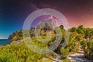 Structure 45, offertories on the hill near the beach, Mayan Ruins in Tulum, Riviera Maya, Yucatan, Caribbean Sea, Mexico with