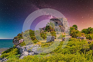 Structure 45, offertories on the hill near the beach, Mayan Ruins in Tulum, Riviera Maya, Yucatan, Caribbean Sea, Mexico with