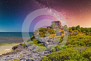 Structure 45, offertories on the hill near the beach, Mayan Ruins in Tulum, Riviera Maya, Yucatan, Caribbean Sea, Mexico with