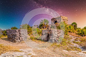 Structure 45, offertories on the hill near the beach, Mayan Ruins in Tulum, Riviera Maya, Yucatan, Caribbean Sea, Mexico with