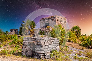 Structure 45, offertories on the hill near the beach, Mayan Ruins in Tulum, Riviera Maya, Yucatan, Caribbean Sea, Mexico with