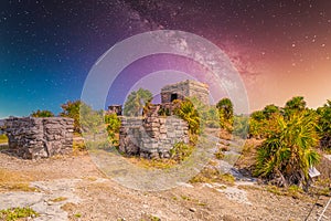 Structure 45, offertories on the hill near the beach, Mayan Ruins in Tulum, Riviera Maya, Yucatan, Caribbean Sea, Mexico with