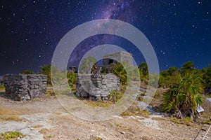 Structure 45, offertories on the hill near the beach, Mayan Ruins in Tulum, Riviera Maya, Yucatan, Caribbean Sea, Mexico with