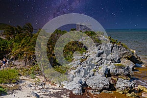 Structure 45, offertories on the hill near the beach, Mayan Ruins in Tulum, Riviera Maya, Yucatan, Caribbean Sea, Mexico with