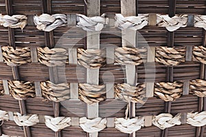 The structure and background of the wicker basket. Pattern round texture. Vertical and horizontal weave