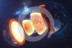 Structure core Earth. Structure layers of the earth. The structure of the earth`s crust. Earth cross section in space