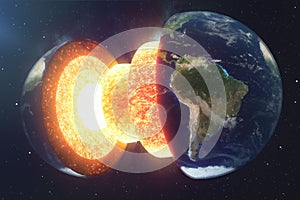 Structure core Earth. Structure layers of the earth. The structure of the earth`s crust. Earth cross section in space