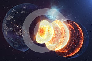 Structure core Earth. Structure layers of the earth. The structure of the earth`s crust. Earth cross section in space