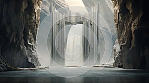 Structure with doors by large waterfall, blending realistic light, intricate minimalism, organic sculpting, faith-inspired art -