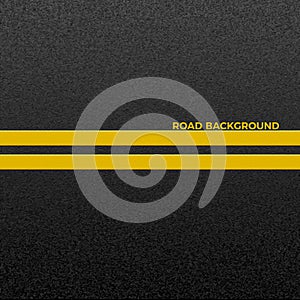 Structure of granular asphalt. Asphalt texture with two yellow line road marking. Abstract road background. Vector photo