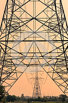 Structure of High voltage pole, Transmission tower with sky at evening