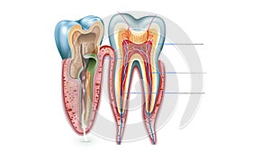 The structure of a human tooth, a model to study, a color illustration, an image on a white background.