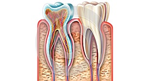 The structure of a human tooth, a model to study, a color illustration, an image on a white background.