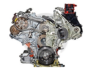 The structure of an internal combustion engine of a modern car on a stand with a partial section of the corps