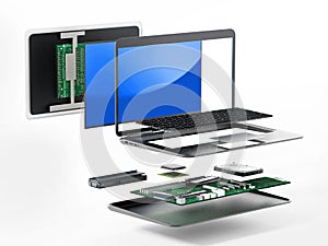 Structure of laptop computer showing spare parts. 3D illustration