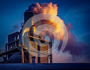 Polution scene with smoke from industry with a industrial chimney photo