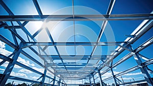 Structure of steel for building under construction in the blue sky