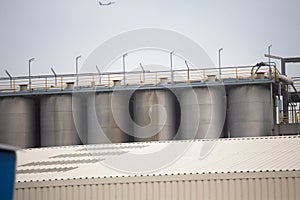 Structure of tanks for oil storage and processing. Chemical refinery. April, 2013. Vienna, Austria