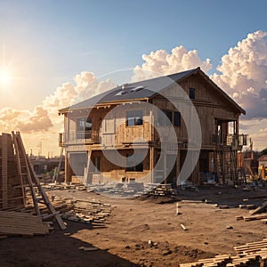 The structure of wood framing at construction site against a vast cloudy sky with bright sun behind. New build home at
